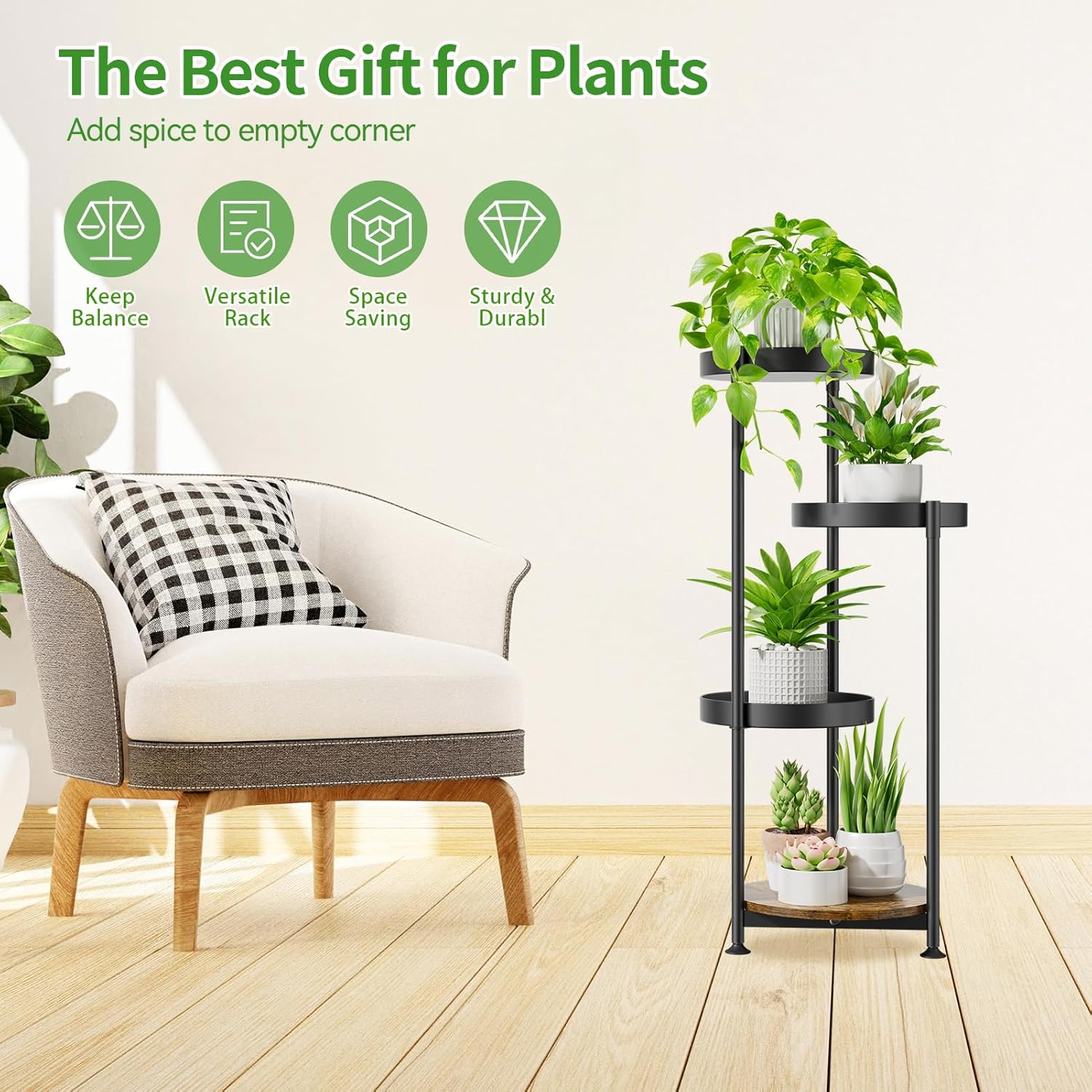 Plant Stand Indoor Outdoor Clearance, 4 Tier Metal Tall Flower Shelf Holder, Multiple Plant Round Corner Rack Organizer Display for Patio Orchid Office Porch Living Room Garden Balcony, Black