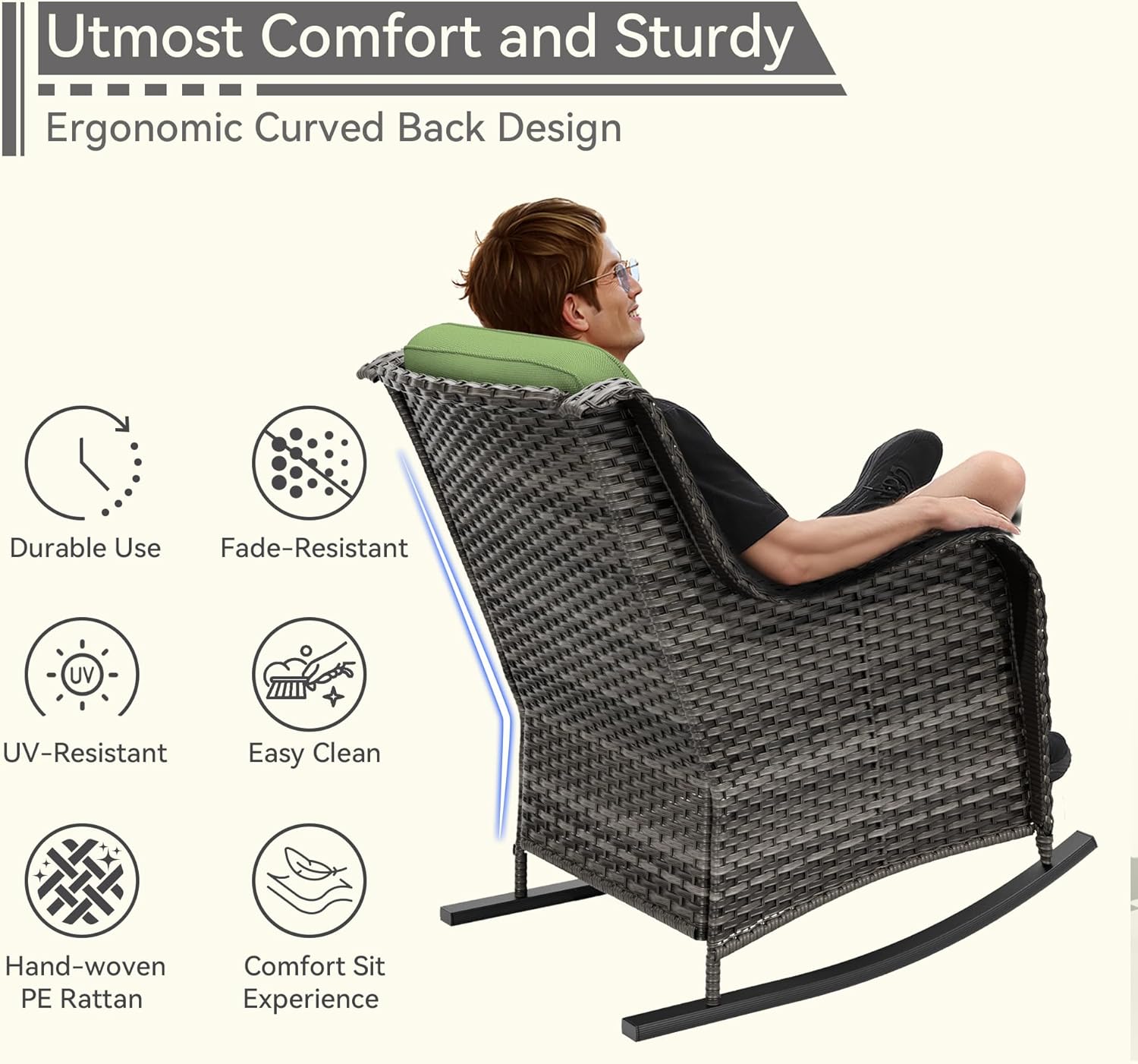 1 PC Outdoor Rocking Chair, Wicker Patio Rocker Chair for Yard, Porch, Mixed Brown Grey Rattan, Green Cushions