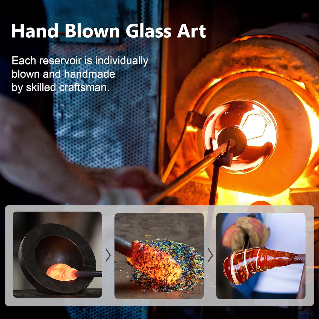 LUJII Hand Blown Glass Hummingbird Feeder for Outdoors Hanging with Ant Guard, 25 fl.oz, Leak Proof & Rustproof, Metal Base with 5 Feeding Ports & 5 Perches, Unique Garden & Backyard Decor (Purple)