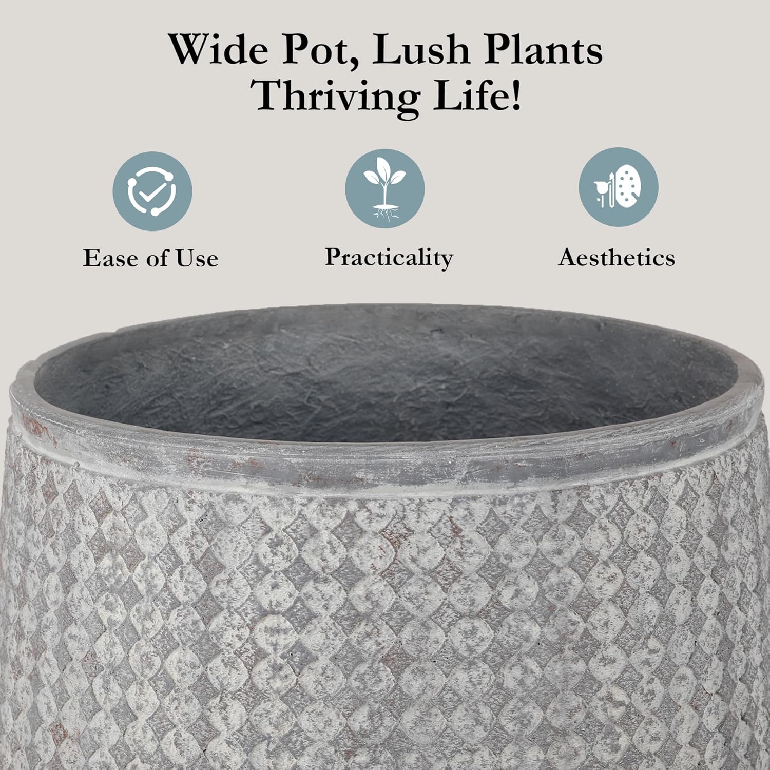 Worth Garden Large Grey Round Planter – 14.5" Dia x 17.5" H Lightweight Magnesium Oxide Cement Plant Pot with Texture – Raised Pattern Concrete Look – Drainage Hole – Indoor & Outdoor Use
