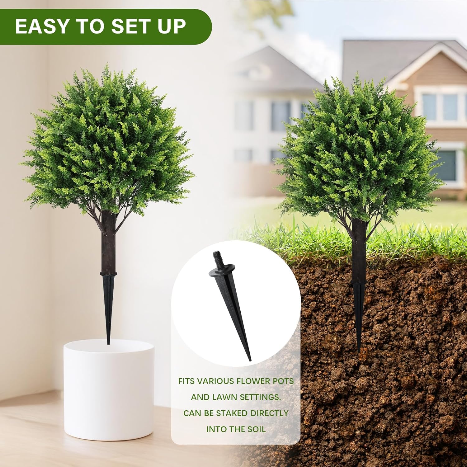 24" Artificial Cedar Topiary Ball Bushes, Set of 2 UV Resistant Fake Trees Outdoor Shrubs with Ground Spike, Weatherproof Faux Plants for Planter, Front Porch, Garden, Yard, Patio Decor