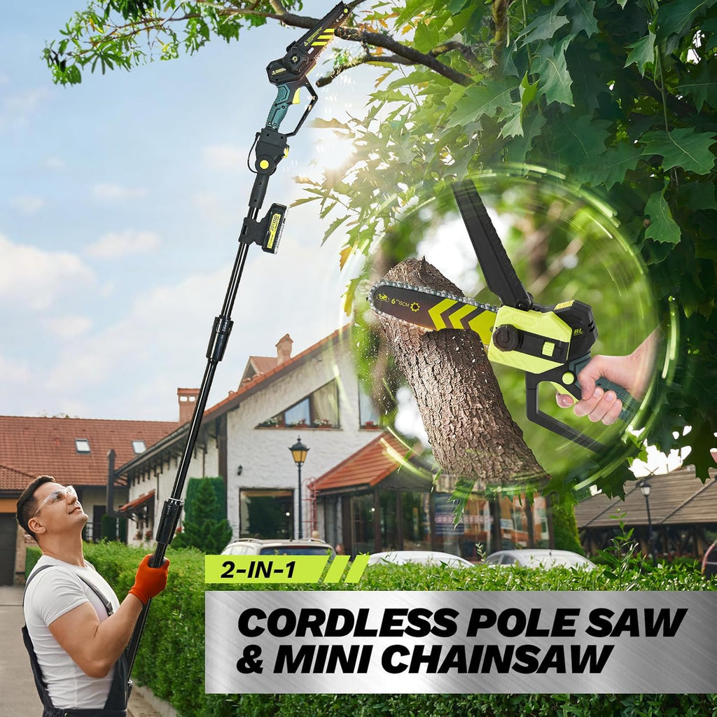 Saker Cordless Pole Saw and Mini Chainsaw,2-IN-1 Pole Chainsaws,Brushless Electric Pole Saws Battery Powered 6 Inch Chain Saw, 78.74 Inch Max Reach Tree Trimmer Pole Saw(1 Battery)