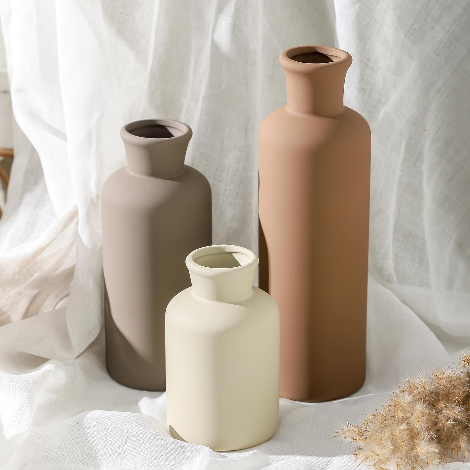 Ceramic Vase Set of 3, Flowers Neutral Modern Vases Home Decor Rustic Farmhouse Decor Pampas Vase for Table Mantel Entryway Shelf Living Room Kitchen Bathroom - Brown