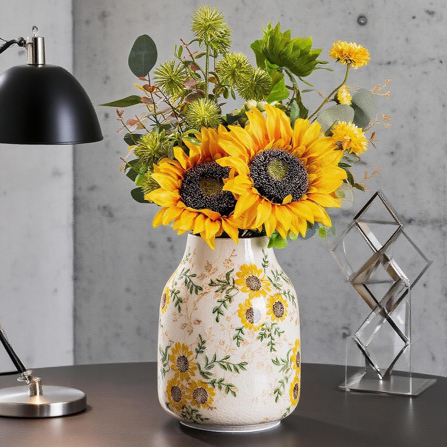 Sunflower Vintage Ceramic Yellow Floral Vase, Beige and Green Chinoiserie Home Decor for Fireplace Mantle, Table Centerpieces, Kitchen Counter, Tuscan, Cute Flower Vase for Living Room Office 7.8 Inch