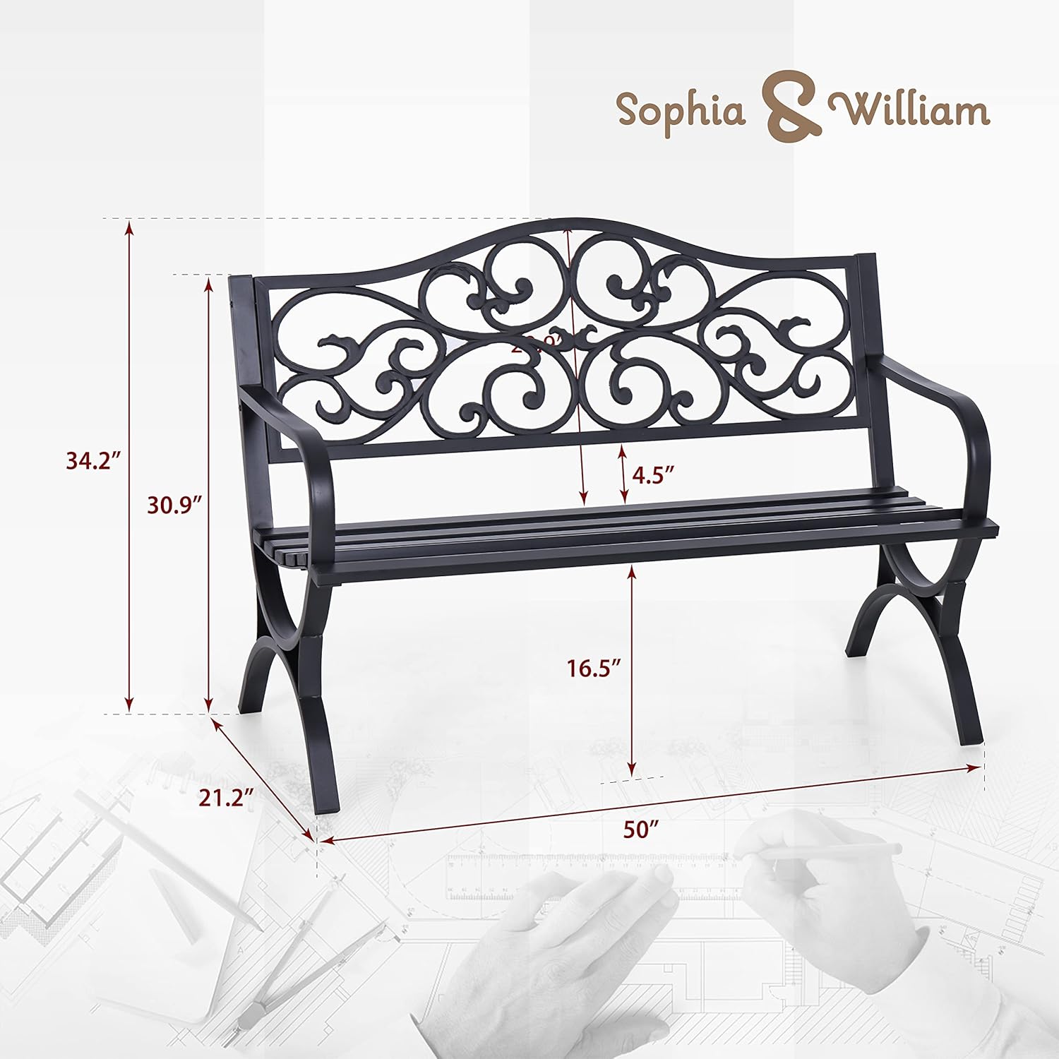 Sophia & William 50" Outdoor Garden Bench Patio Park Bench, Cast Iron Metal Frame Furniture with Floral Design Backrest for Porch Yard Lawn Deck, Black