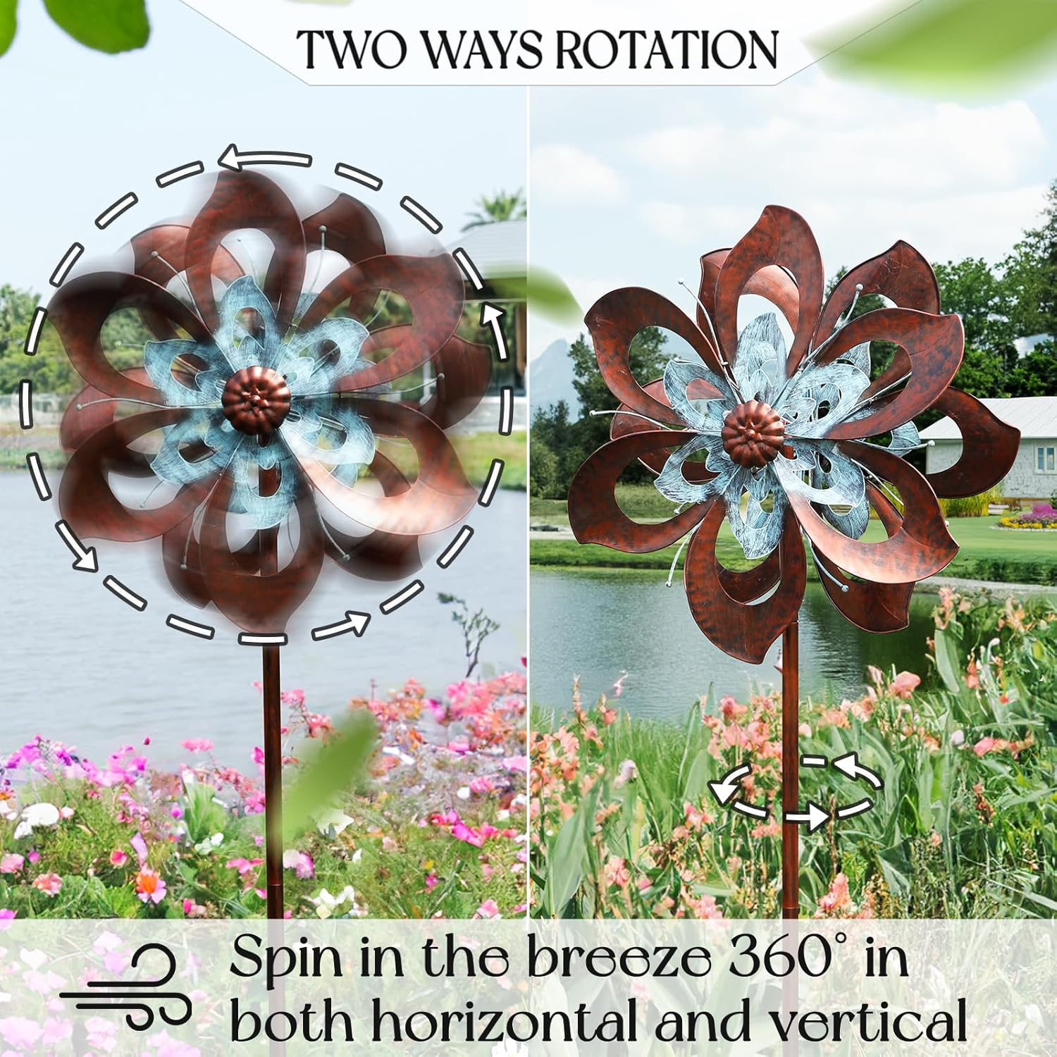 Garden Wind Spinner,Flower Wind Spinner,Outdoor Metal Wind Sculpture & Spinner Large 23 inch Dia 84 inch Height Kinetic Windmill for Garden Yard
