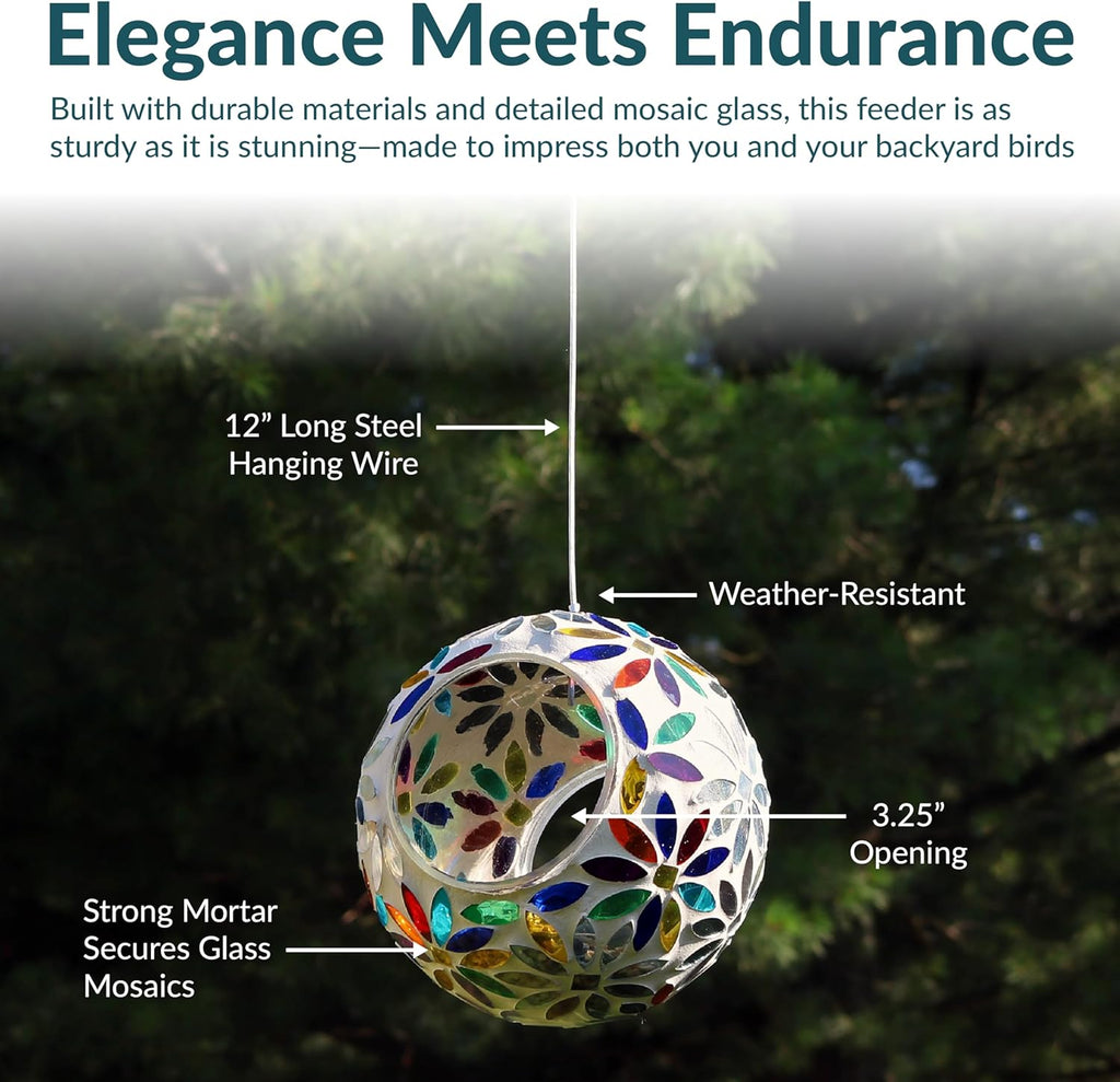 Sunnydaze 6-Inch Glass Mosaic Hanging Bird Feeder for Outdoors - Fly-Through Wild Bird Feeder - Rainbow Daisies