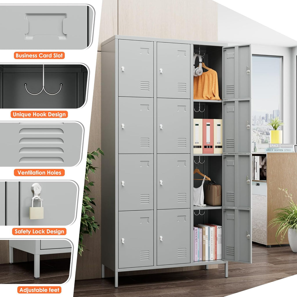 12 Doors Metal Storage Locker, 72" H Employees Lockers Storage Cabinet with 12 Hooks for Home, Office, Gym, School, Assembly Required, Light Gray