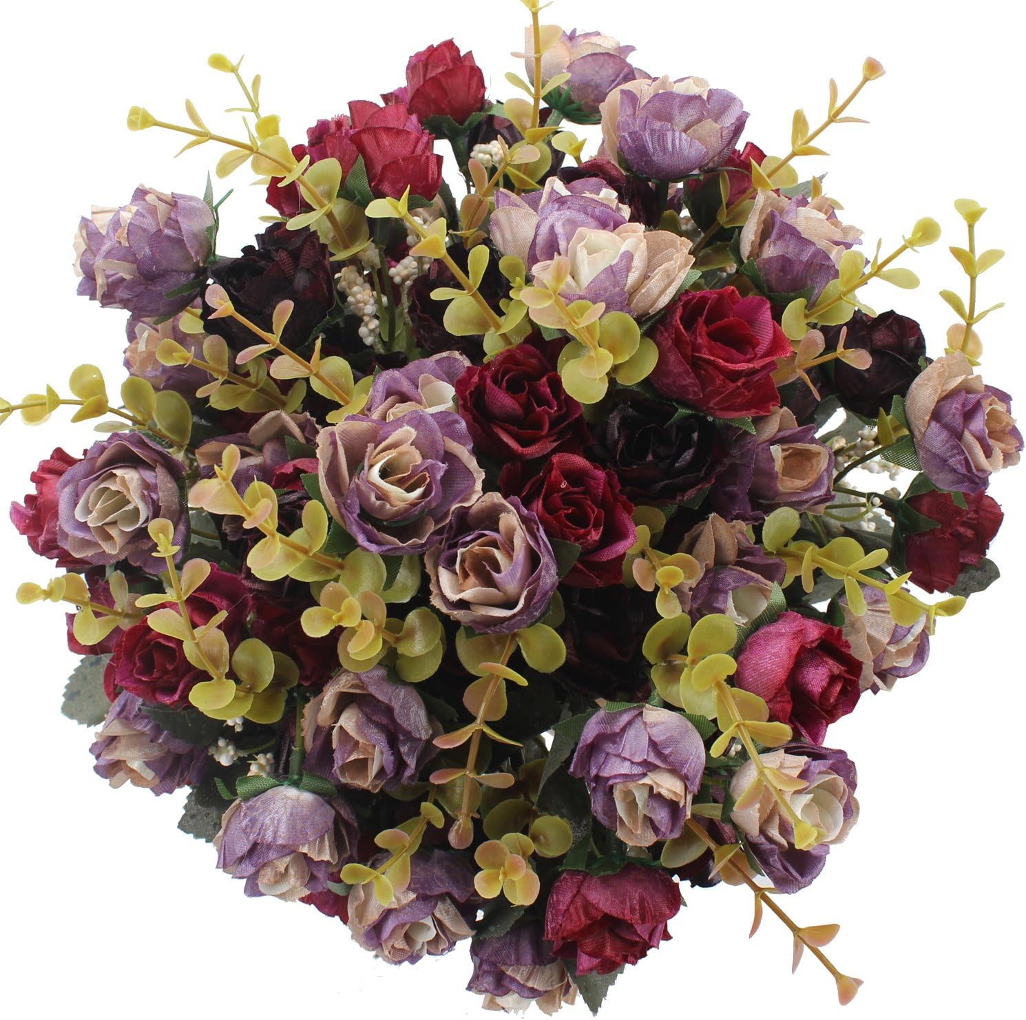 Duovlo 7 Branch 21 Mini Rose Heads Artificial Flowers Bouquet Wedding Home Office Decor,Pack of 4 (Purple)