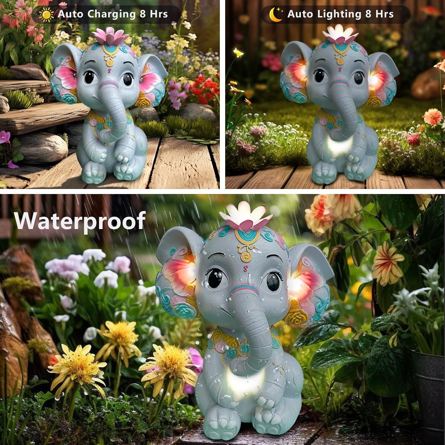 Solar Garden Outdoor Statue Elephant with 4 LED Lights,Lawn Decor Statue for Patio, Balcony,Yard Ornament,Ideal Gift for Christmas,Women,Mom,Grandma,Birthday or Unique Housewarming
