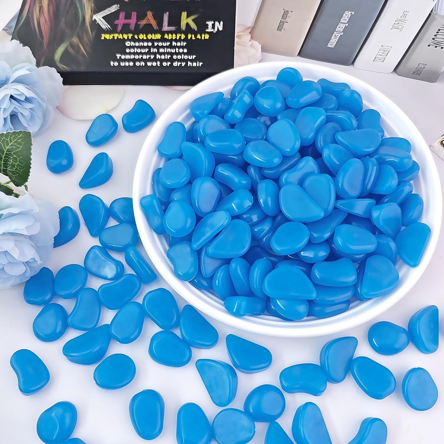 1.4LB 25-27mm Blue Glow in The Dark Pebbles Fish Tank Rocks Outdoor Glowing Rocks Luminous Stones for Walkway Pathway Backyard Glow in The Dark Rocks for Garden