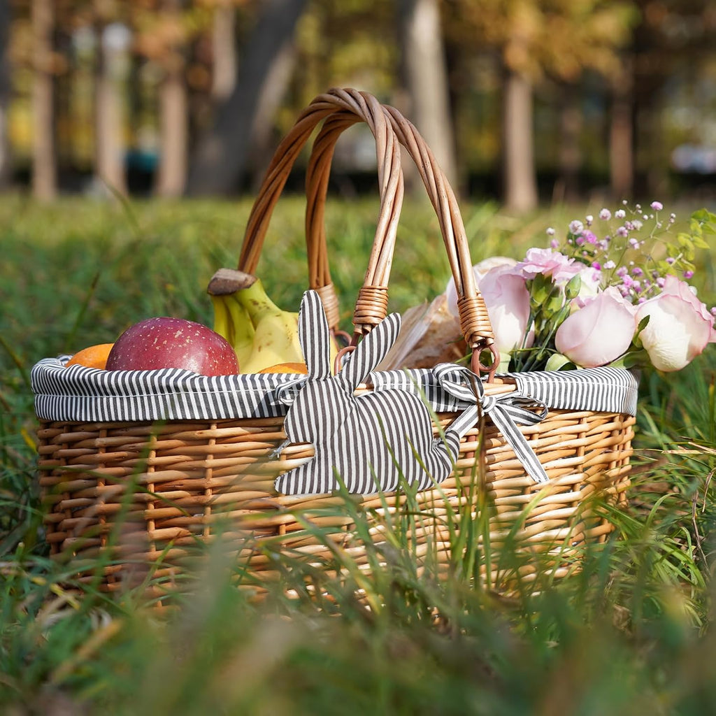 G GOOD GAIN Oval Picnic Basket with Folding Handles, Willow Hand Woven Shopping Basket, Bath Toy Kids Toy Storage Gift Packing Basket, Wicker Empty Easter Eggs and Candy Small Gift Basket. Grey