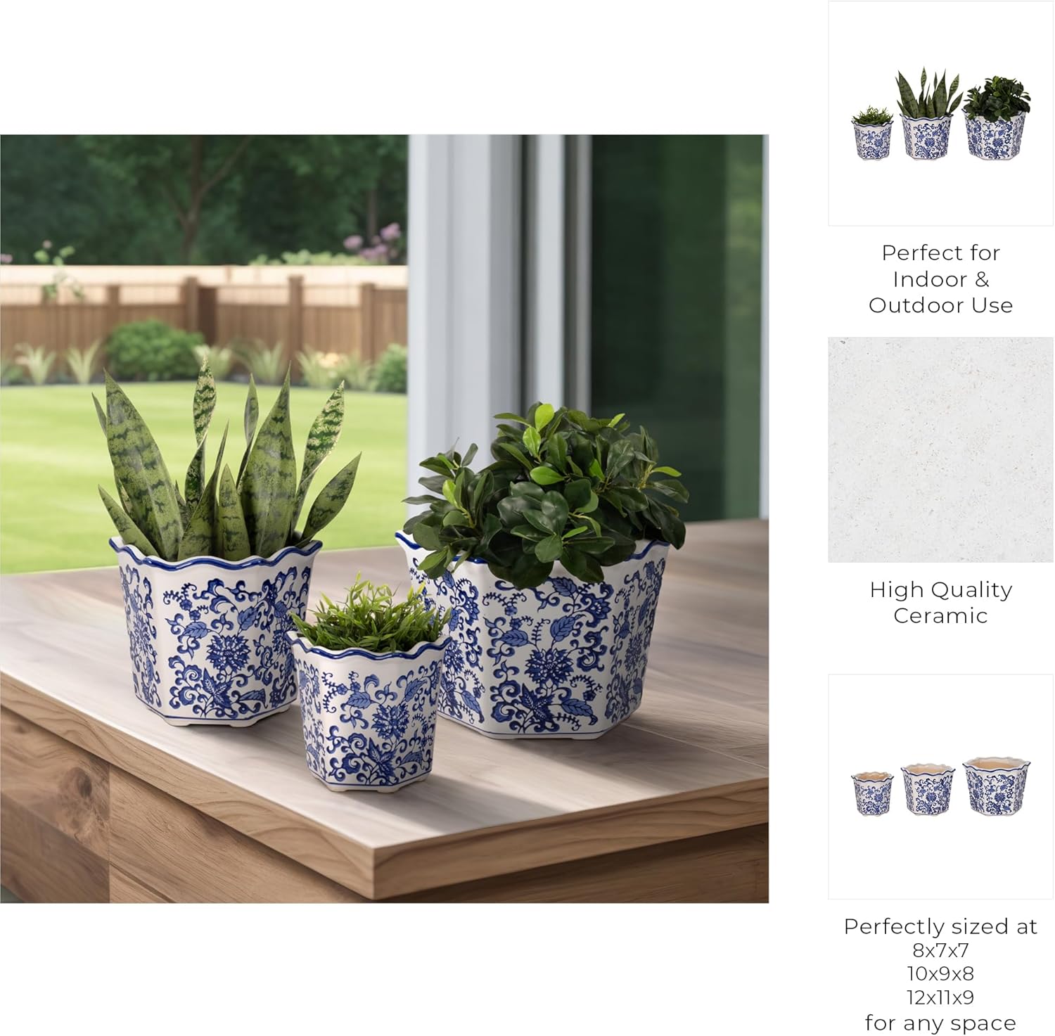 Home Decor Flower Pots and Planters – Intricate Pots with Floral Pattern for Indoor and Outdoor Plants - Vintage Plant Pots Great for Garden, Patio, or Room Decor Set of 3 – 9", 8", 7" Blue & White