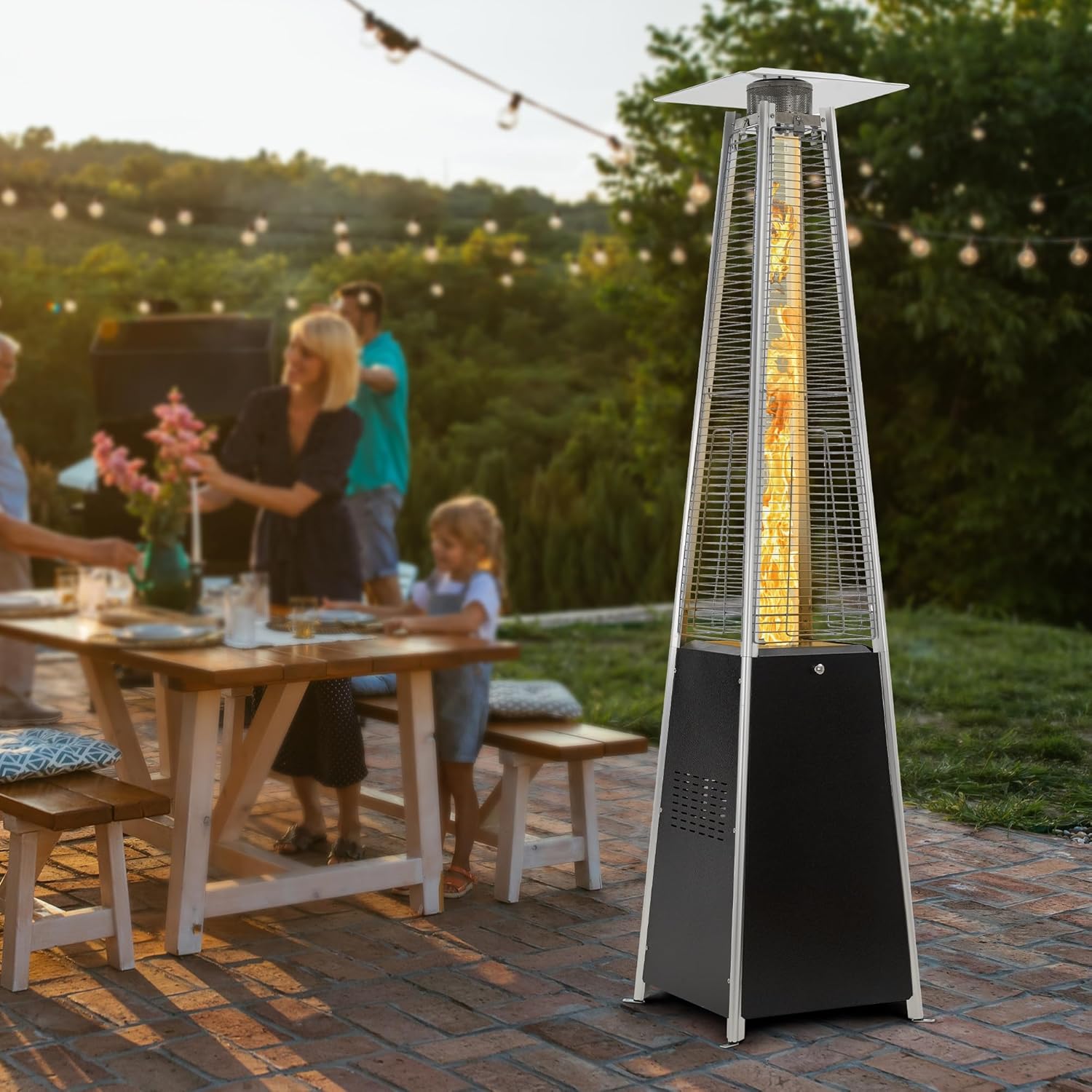 FOOWIN Patio Heater,48,000 BTU Outdoor Patio Heater with Wheels,Propane Patio Heater w/Waterproof Cover & Gloves,Quartz Glass Tube Pyramid Patio Heater for Outdoor Use,Party,Backyard,Garden,Black