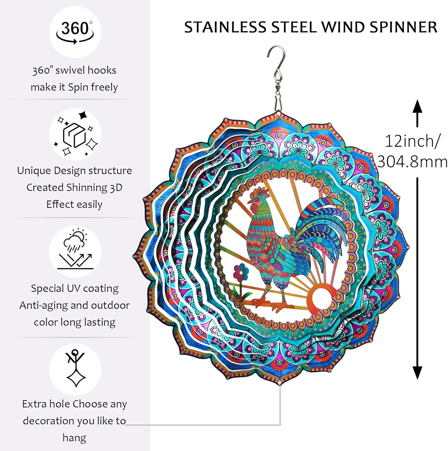 Rooster Wind Spinner for Yard and Garden,12in Wind Spinners Outdoor Rooster Gifts,Chicken Gifts for Women Mother Grandma Wife Men Father,Garden Decor Metal Hanging Yard Art Wind Sculpture