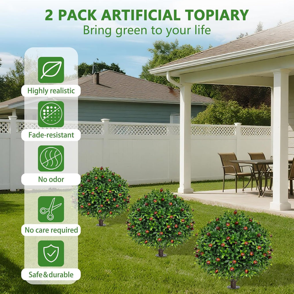 Artificial Olive Topiary Ball Trees with Ground Spike, Set of 2 UV Resistant Artificial Shrubs, Fake Evergreen Artificial Plant Bushes for Indoor Outdoor Front Porch Garden