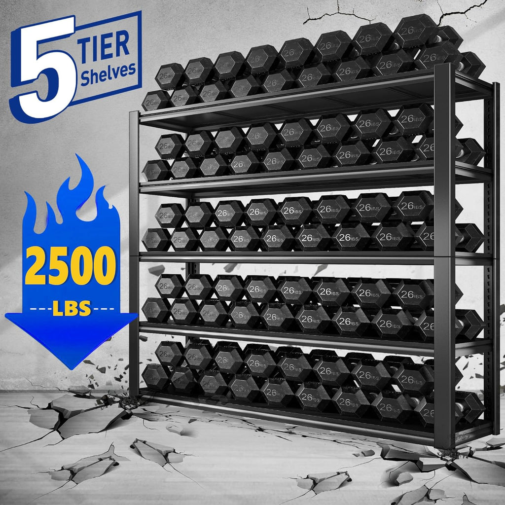 REIBII 48" W Garage Shelving 2500LBS Storage Shelves 5 Tier Heavy Duty Shelving Adjustable Garage Shelves for Warehouse, Pantry, Easy Assemble, 48.2''W X 72''H X18''D