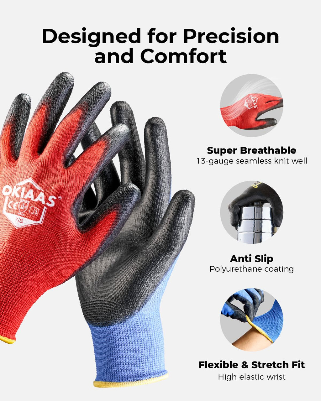OKIAAS Work Gloves for Men，Ultra Thin and Lightweight Working Gloves with Grip, 12 Pairs Bulk Pack Construction Gloves with Polyurethane Coating for Light Duty Work (Black, XX-Large)