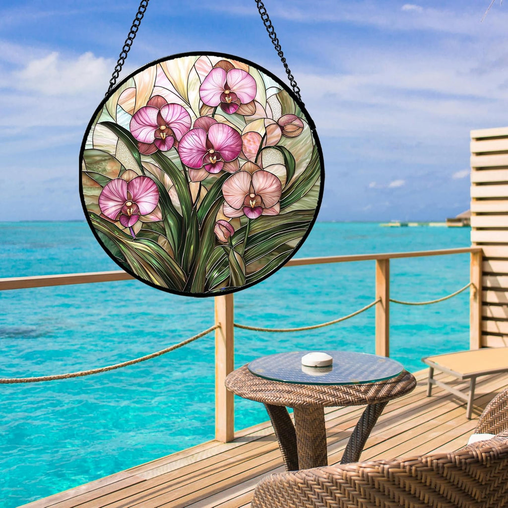 Stained Glass Window Hanging - Pink Phalaenopsis Orchid Green Leaves Sun Catcher for Door Home Decor Flower Suncatcher Christmas Mother's Day Birthday Gifts for Women Men Mom Nana 11.8 in