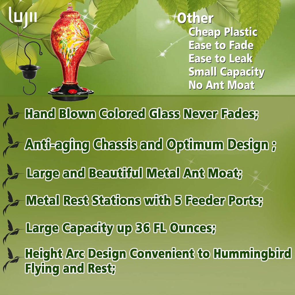 LUJII Hummingbird Feeders for Outdoors, Hand Blown Glass, Never Fade, 36 Fluid Ounces, 5 Feeding Stations, Much Bigger, Garden Backyard Decorative, Containing Ant Moat (Red)