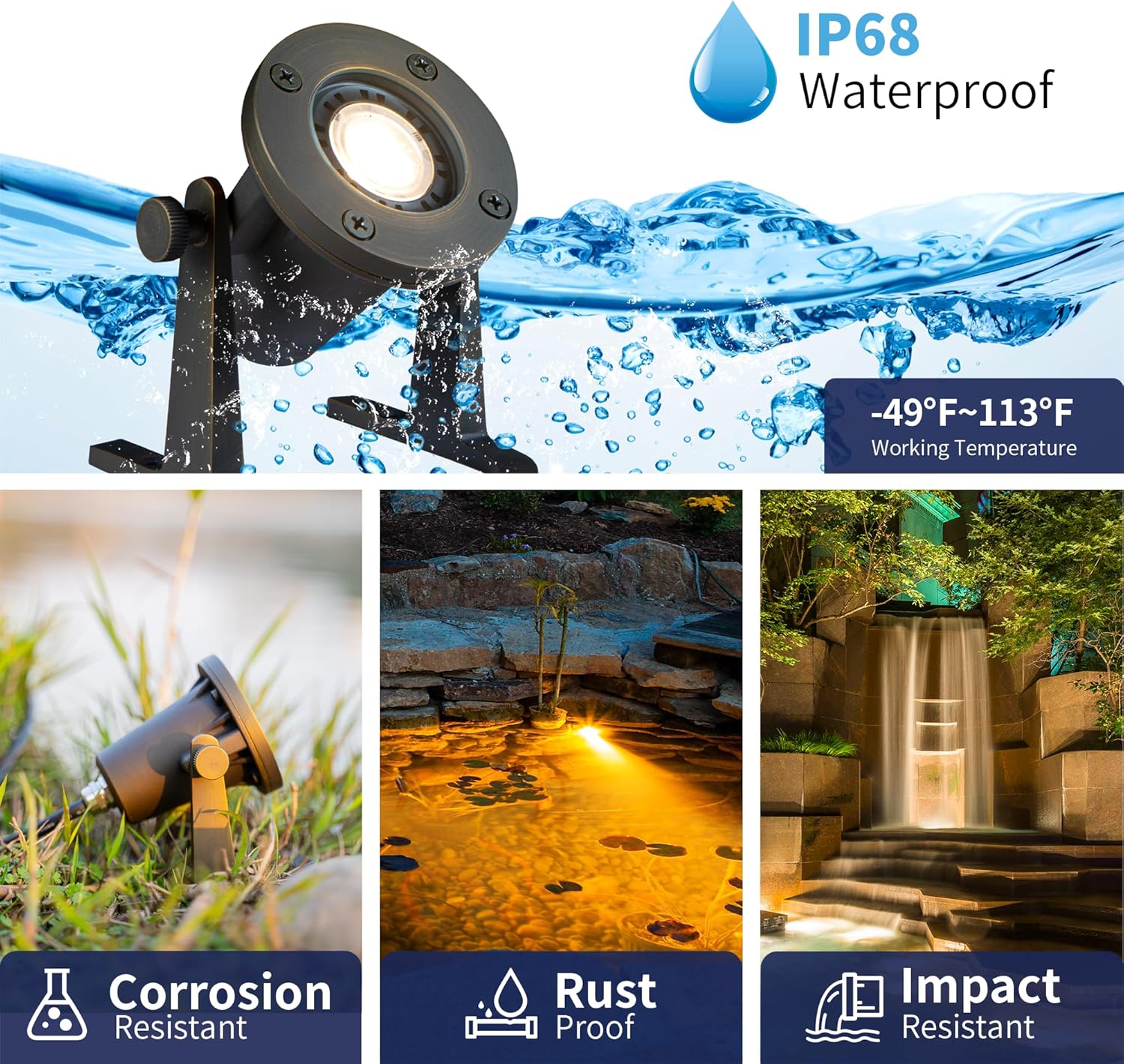 Brass Pond Light 12V - Low Voltage Underwater LED Fountain Lights, IP68 Waterproof Submersible Waterfall Lamp Wired, Outdoor Bronze for Swimming Pool Ponds MR16 Bulb Not Included(4 Pack)