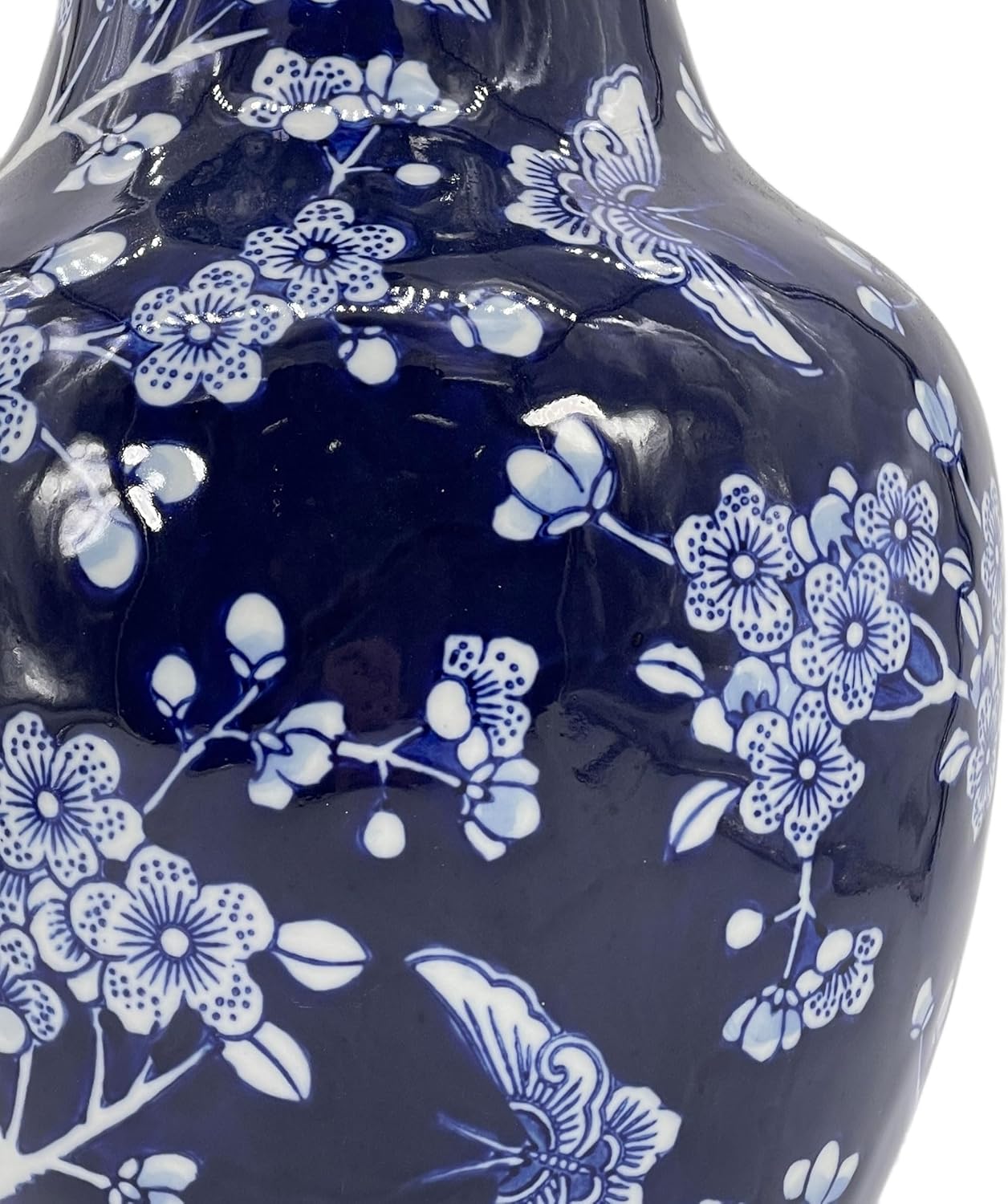 Galt International Dark Blue Floral Chinoiserie Ceramic Vase 14"- Hand Painted Antique Style Porcelain Butterfly & Flower Bottle Fishtail Porcelain Chinese Vase for Home Decor Centerpiece