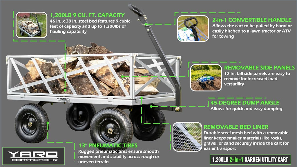 Yard Commander - Heavy Duty 1200lb Steel All Terrain Utility Cart, Garden Wagon, 9 cu ft Bed, Easy Assembly, Removable Side Panels, 45° Dump Angle, 2-in-1 Convertible Handle for Towing