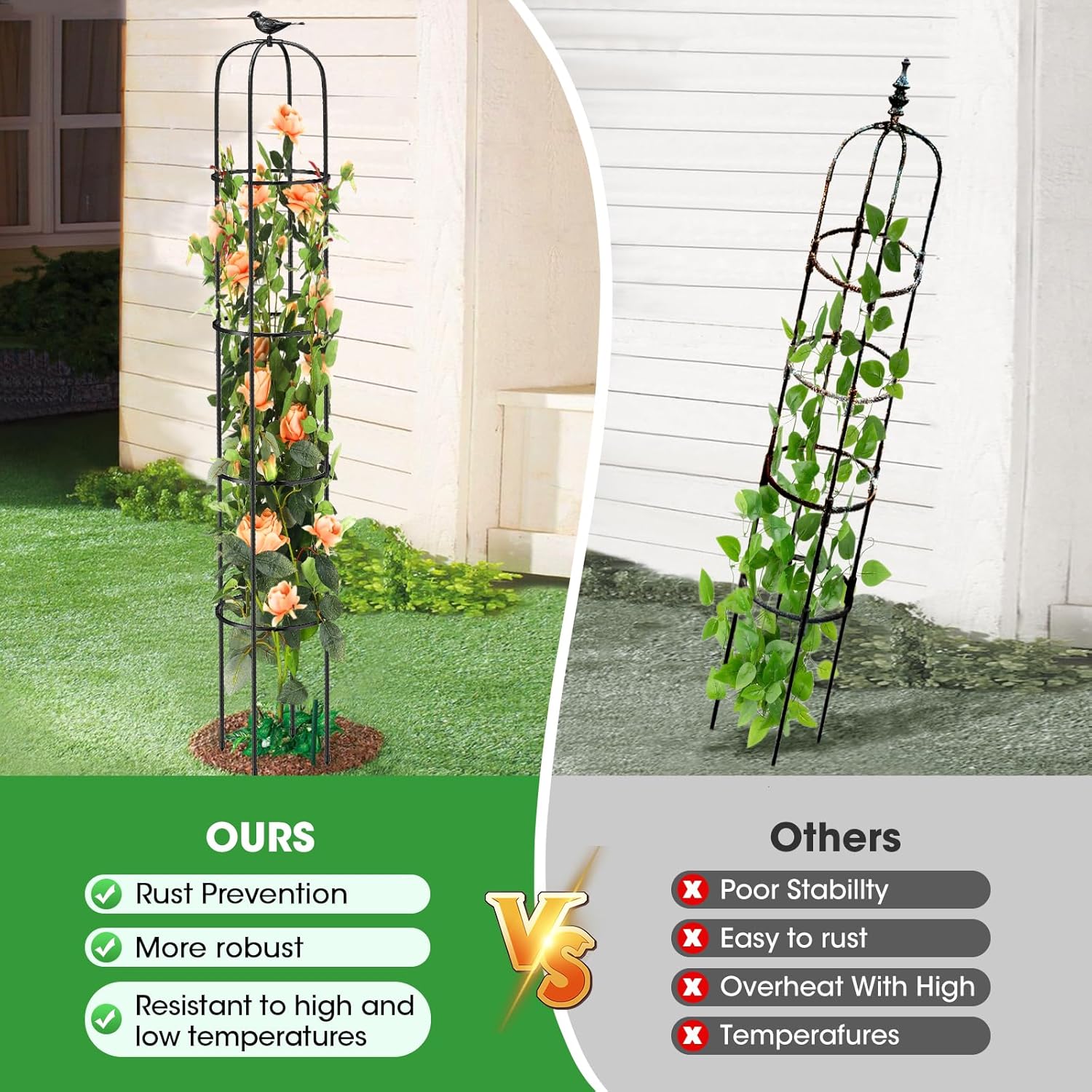 Tower Obelisk Garden Trellis for Climbing Plant，73.6inch Rustproof Metal Potted Plant Climbing Support for Indoor Outdoor Flowers Vegetable Fruits Vines Support （1pcs）