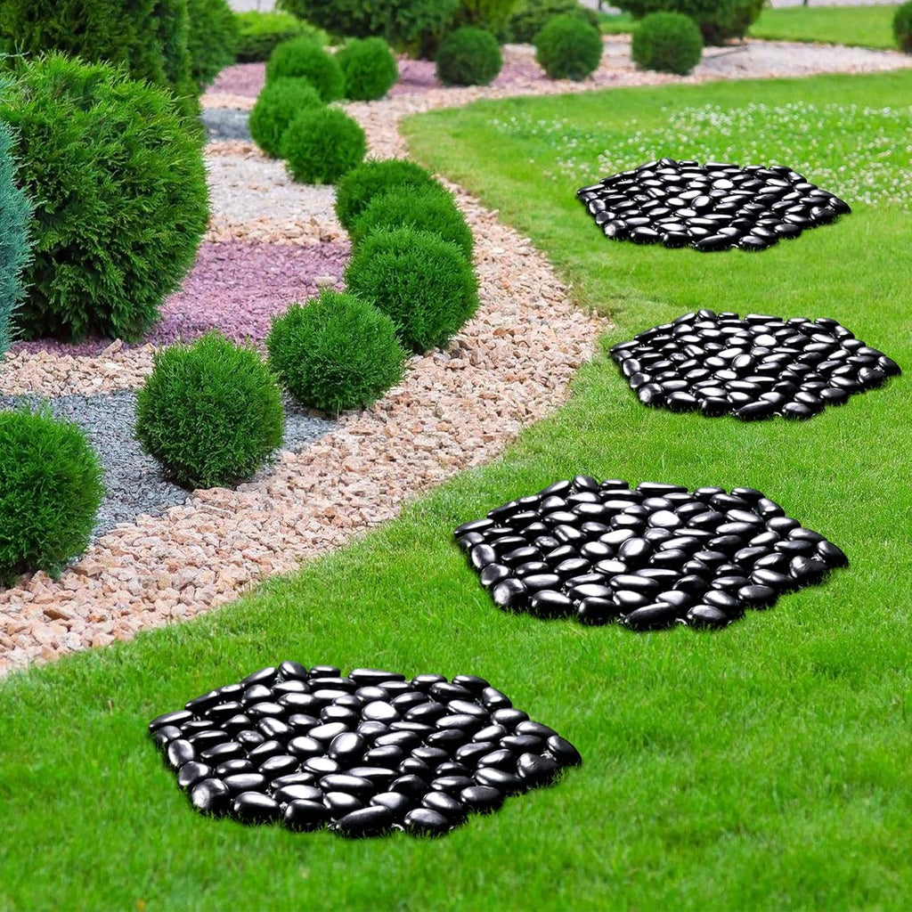10in River Rock Stepping Stones Set - 6 Pack | Polished Pebble | Long-Lasting PVC Mesh Backing | Perfect for Garden Paths and Lawns Outdoor Landscaping Decoration | Black Rhombus