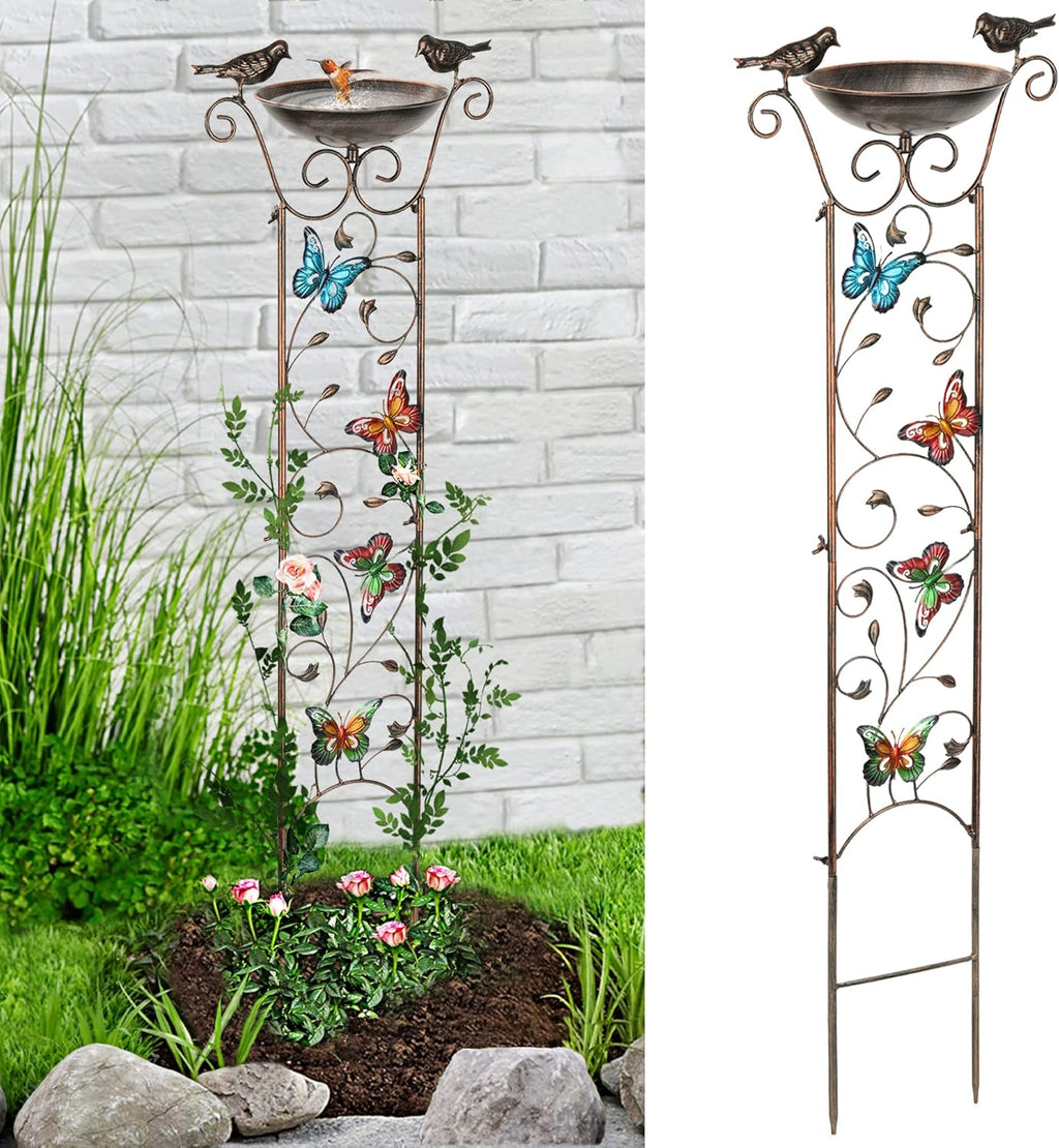 LEWIS&WAYNE Garden Trellis Bird Bath Outdoor, 40 Inch Antique Iron Garden Plant Trellis Decorative with Butterflies and Detachable Drinking Basin Bowl, Free Standing BirdBath Birdfeeder Station