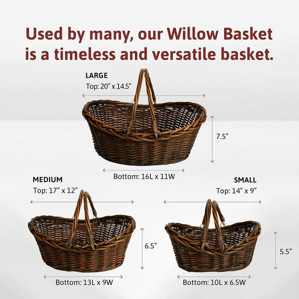 Wald Imports - Medium Wicker Basket with Handle - Dark Brown Hand Woven Harvest Basket - Wicker Flower Basket for Storage, Picnics, Easter, Organizing, and More (17 x 6.5 inches)