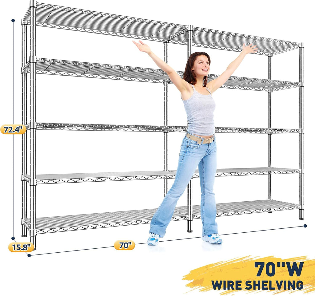 REIBII 70" W Wire Shelving Load 1500LBS, Metal Shelving 5-Tier Storage Shelves Metal Shelves for Storage Adjustable Shelving Rack for Pantry Kitchen Commercial School 70" W*15.8" D*72.4" H,Chrome