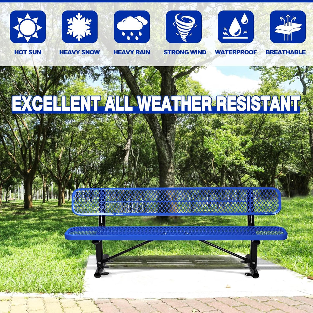 Outdoor Garden Bench, Cast Iron Metal Frame Patio Park Bench with Backrest, Portable Expanded Metal Black Bench, Commercial-Grade Outdoor Seating for Lawn, Patio, Park, Yard, Garden (Blue, 8FT/96'')