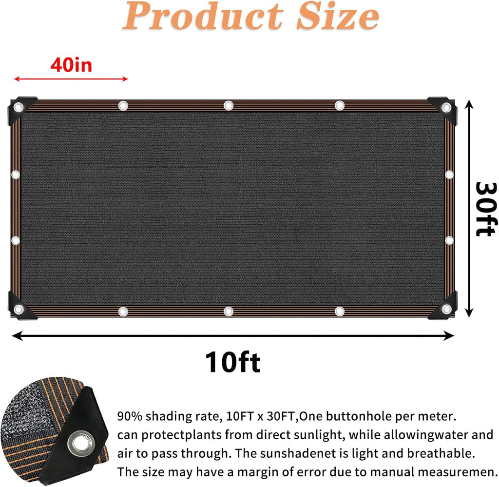 Shade Cloth 90% Sunblock Net for Garden Patio, Shade Sails -for Plants Greenhouse Outdoor Pergola Lawn Swimming Sun Protection Screen Cloths for Kennel Chicken Coop Easier to Hang Net Cover, 10x30 FT