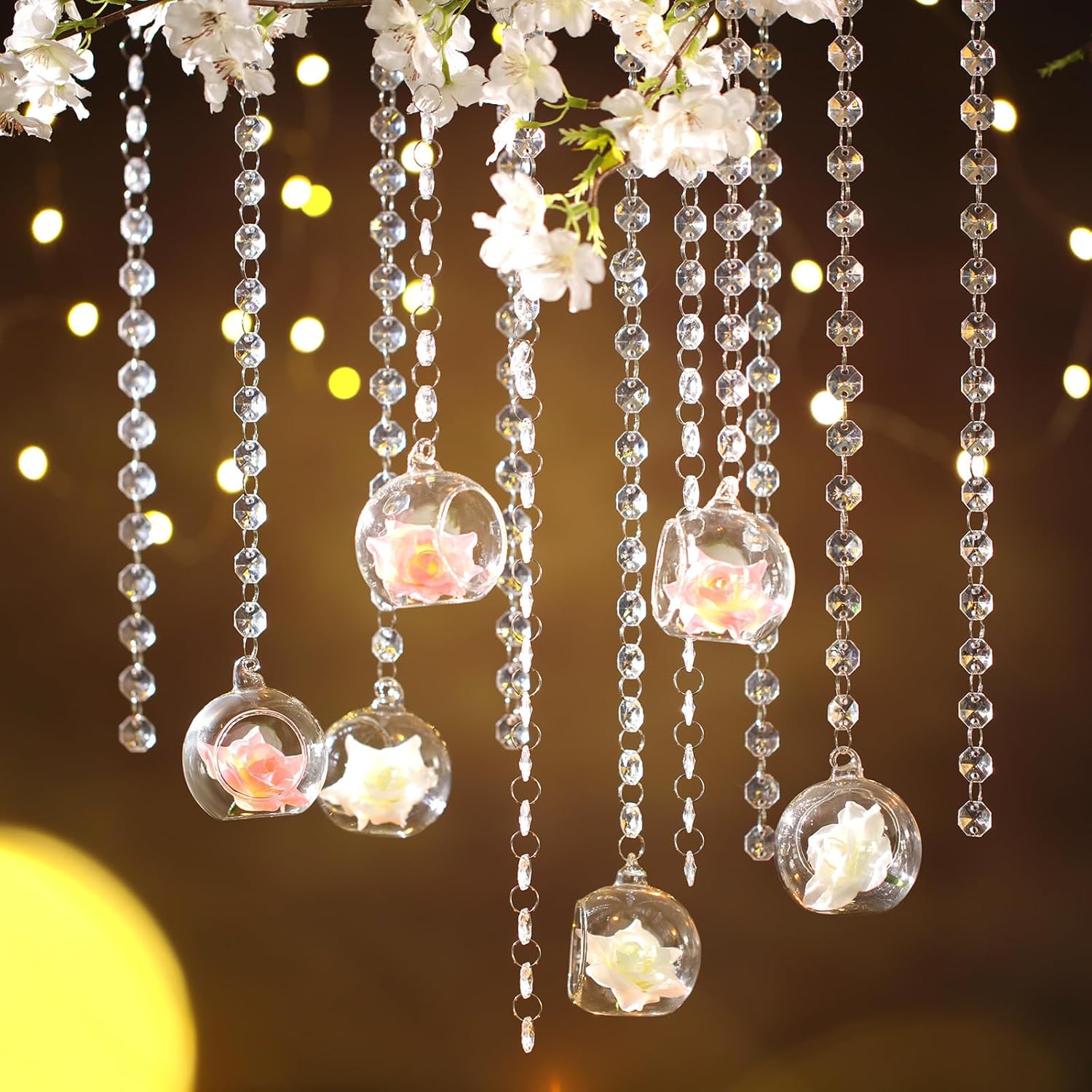 24 Sets Hanging Glass Candle Holder Wedding Glass Globe with Acrylic Gems Bead Garland Tea Light Holder Orbs Container for Flower Plants Micro Landscape DIY Xmas Tree Party Decoration 2.36 Inch