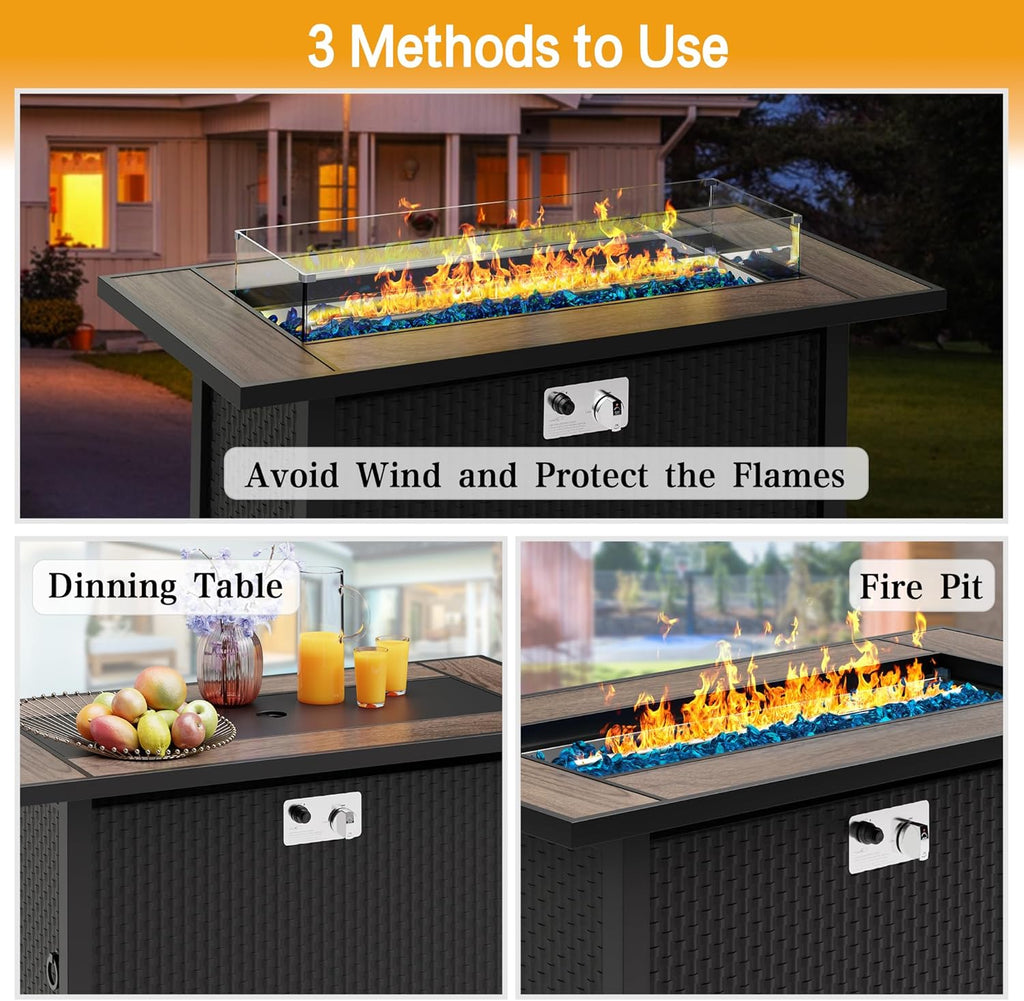 Meilocar 45in Fire Table, Propane Fire Pit with Glass Wind Guard and Rain Cover, Outdoor Firepit Table 50000 BTU 3-in-1 Fire Table for Patio/Yard/Balcony, Walnut Tabletop