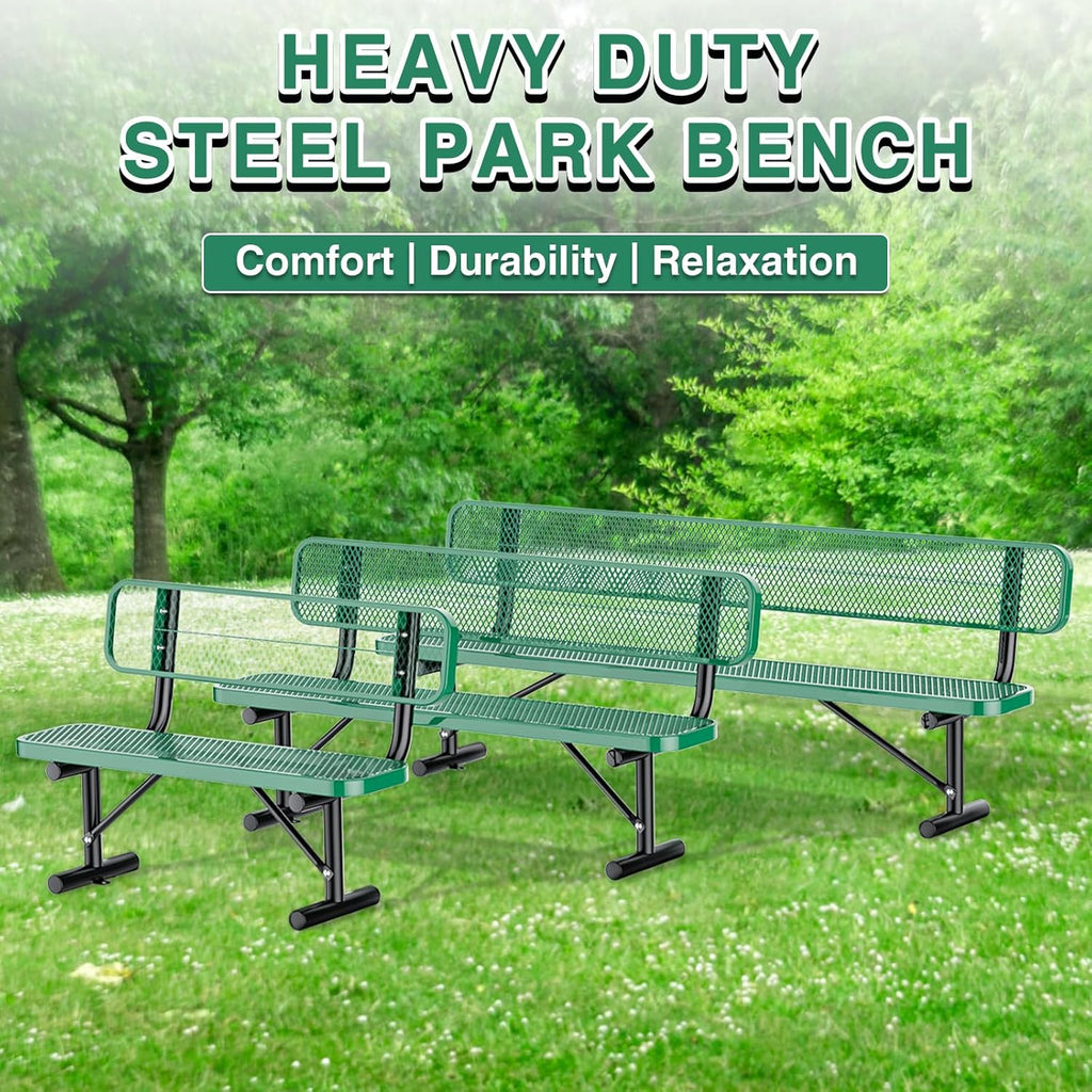 8Ft Outdoor Bench with Back Portable Frame, Outdoor Steel Park Bench with Backrest, Expanded Metal Mesh Bench for Outside, Lawn, Backyard, Park, Deck, Garden, Patio, Porch, Green
