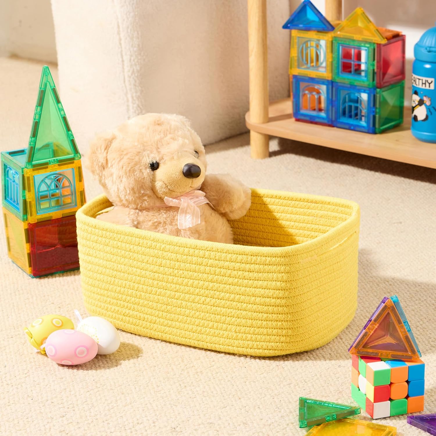 Small Storage Baskets for Organizing | Closet Organizer Bins | Shelf Toy Basket | Woven Rope Baskets | Cube Decorative Box | Shallow Basket | 13x8.5x5.1” | 3 Packs Yellow
