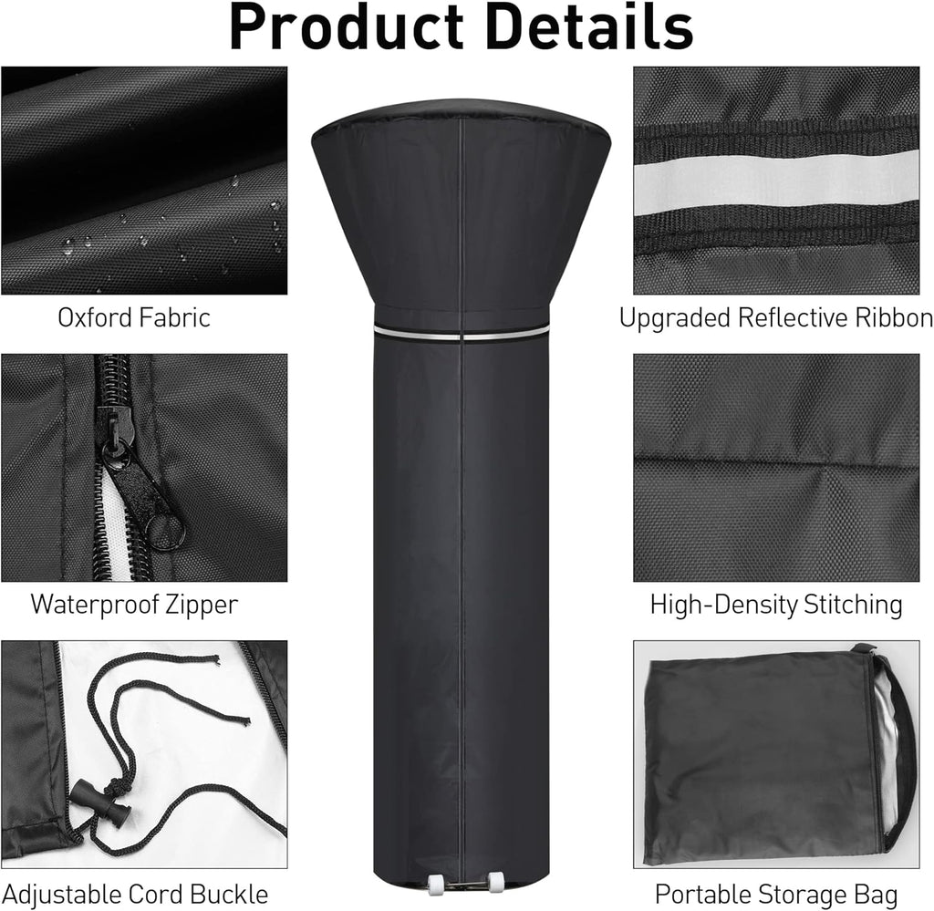 Patio Heater Covers with Reflective Strip,Outdoor Heater Cover Waterproof,Dustproof,Wind-Resistant,Sunlight-Resistant,Snow-Resistant,Black,89.5''x 33.5" Dome x 19.5" Base