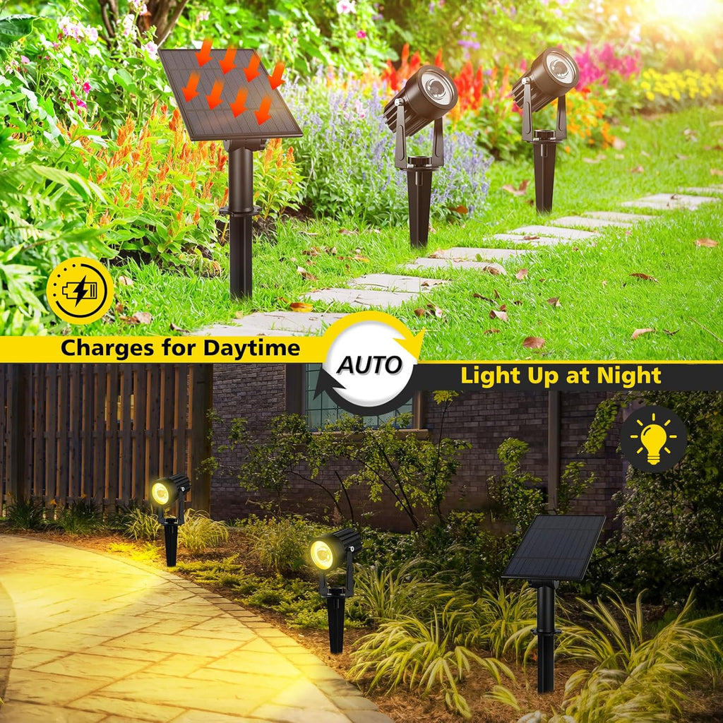 T-SUN Solar Spotlights 2W Outdoor LED Landscape Spot Light, 2-in-1 Waterproof Solar Powered Wall Lights Auto ON/Off with Dual Headlamp for Garden, Yard, Pathway(Warm White)