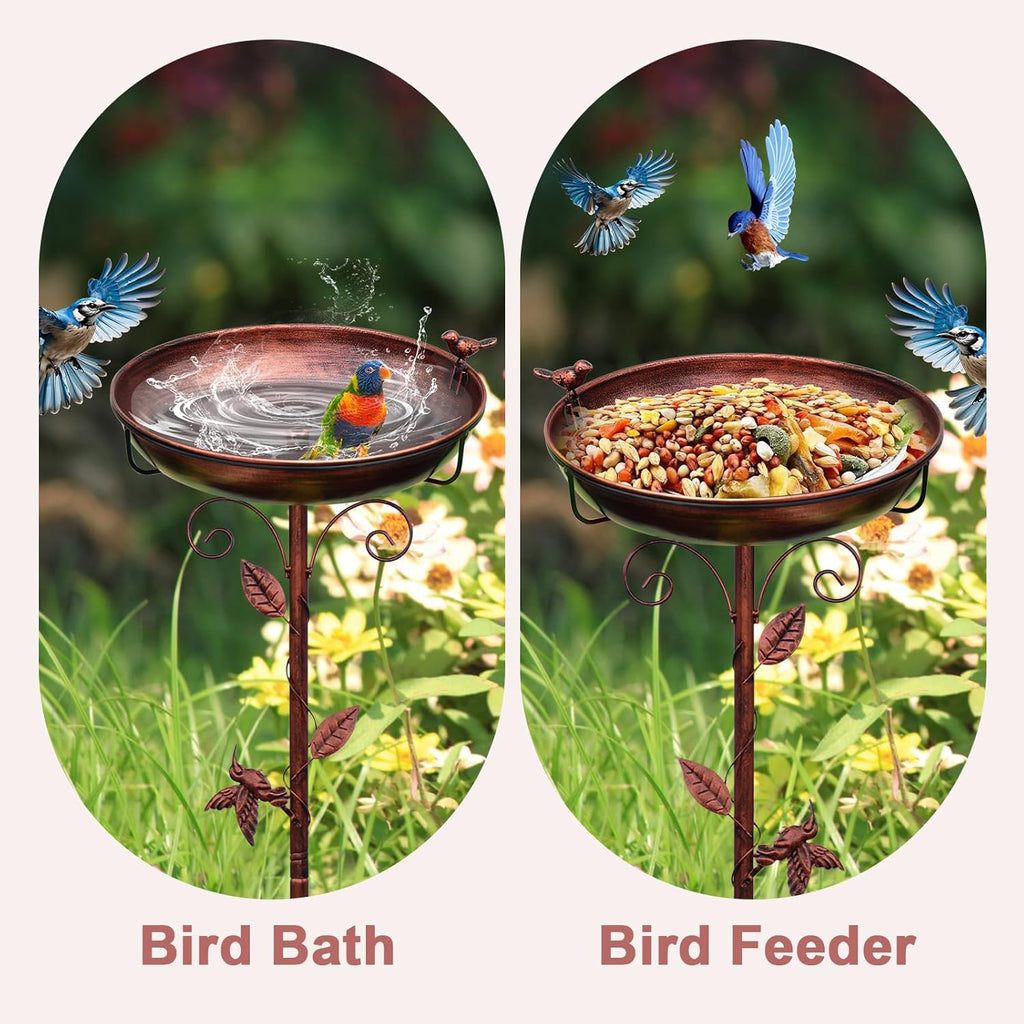 Metal Bird Bath for Outside with 2 Bird Decor, Hummingbird on Pole & Sparrow on Bowl, 38.5 Inch Height Garden Birdbath, 12 Inch Antique Bronze Freestanding Birdfeeder Bath for Yard Patio