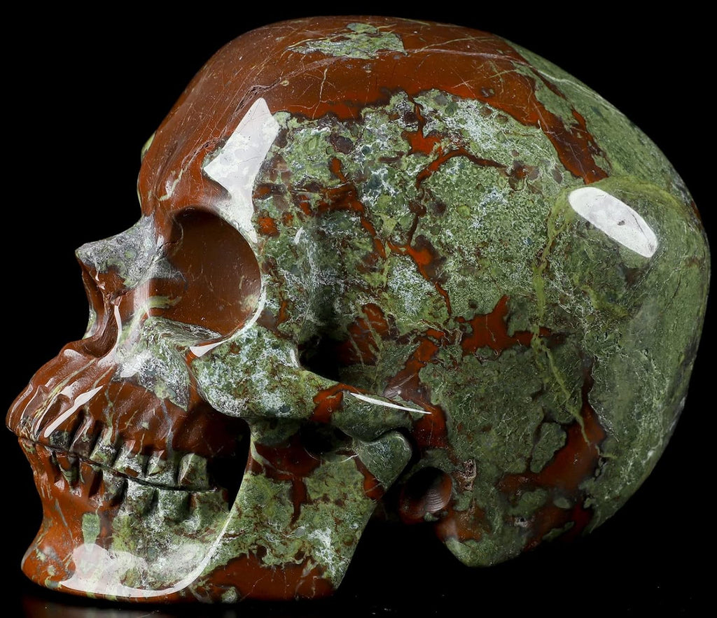 Skullis 5.0" Dragon Blood Jasper Hand Carved Crystal Skull, Super Realistic, Crystal Healing, Hand Carved Gemstone Fine Art Sculpture, Reiki Healing Stone Statue.2241 Z8