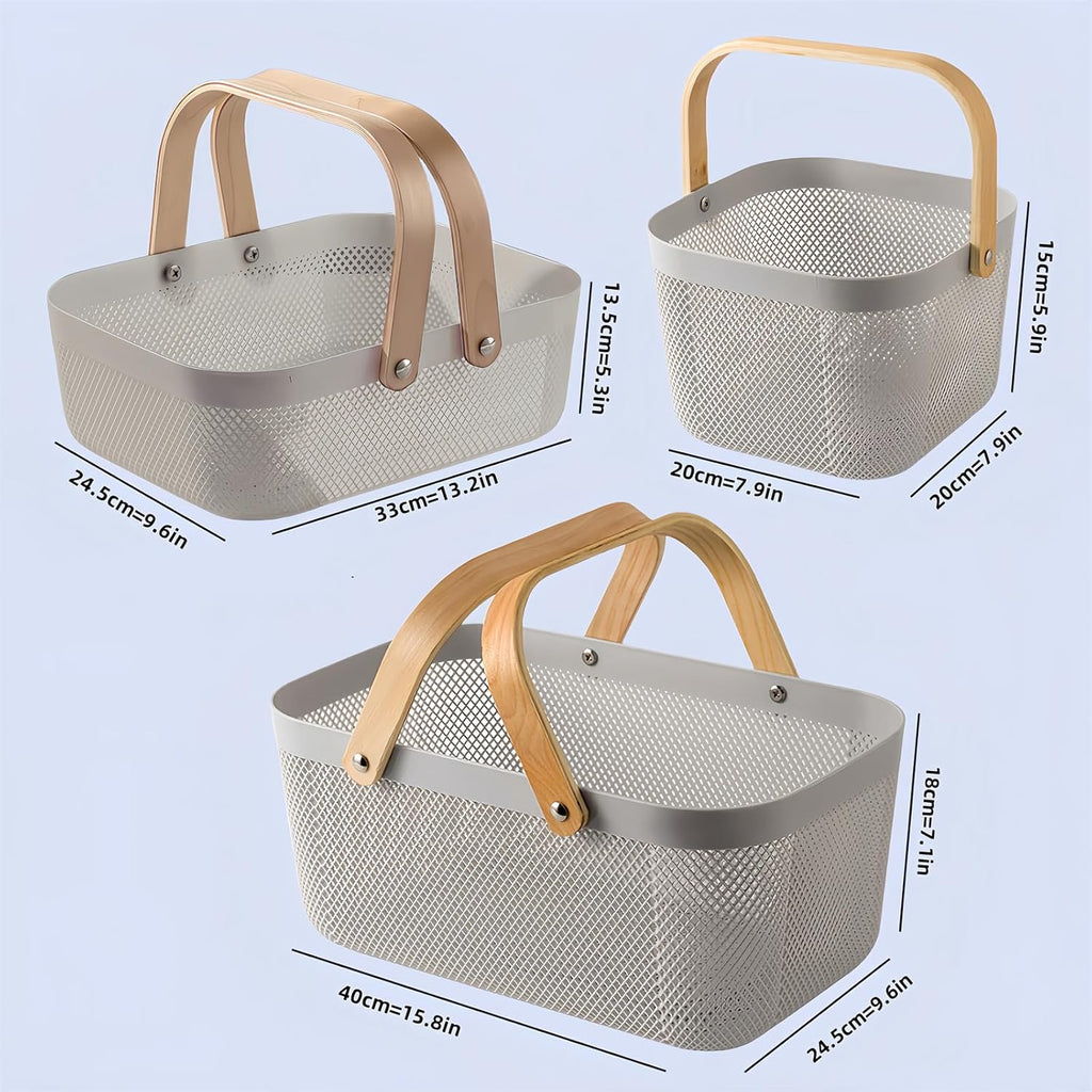 3pcs plastic harvest baskets, foldable wooden handles, rectangular garden storage baskets, for picking and collecting vegetables and fruits in the garden cabinet (Gray)
