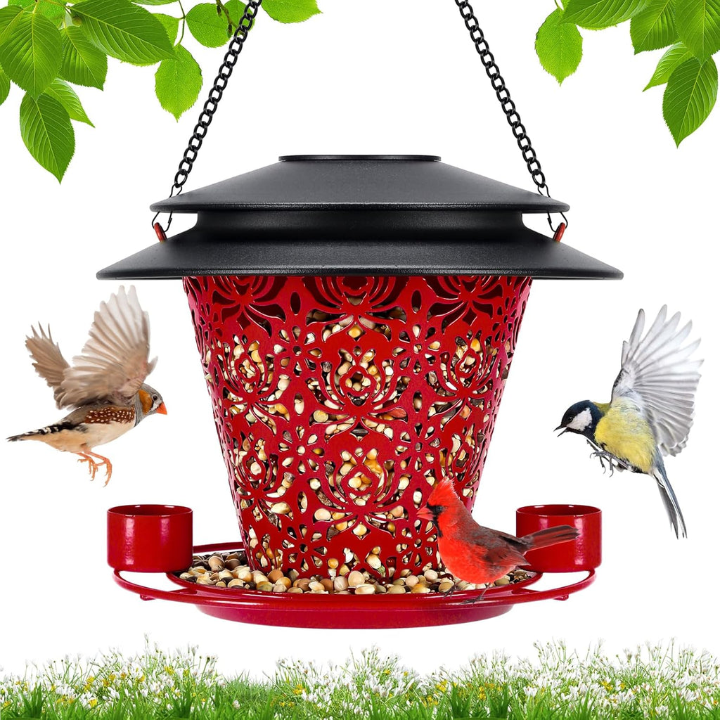 Solar Bird Feeders for Outside Hanging Metal Wild Bird Feeder Solar Lanterns Outdoor Waterproof Garden Decor for Yard red