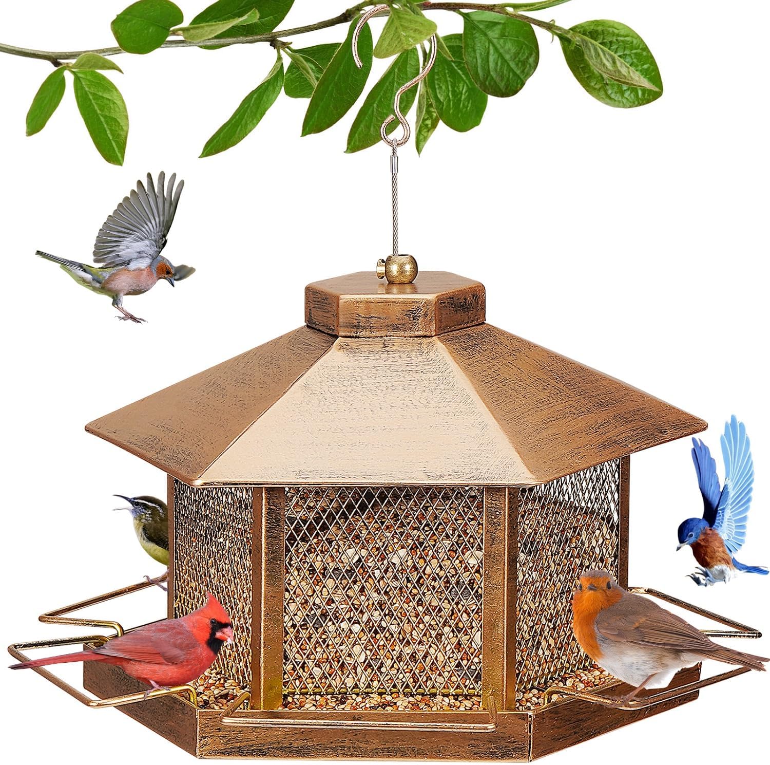 Metal Bird Feeder for Outdoor Hanging, 4.6LB Large Capacity, Garden Decoration - Attracts Wild Birds, Durable Outdoor Bird Feeding Station for Garden Yard Outside Backyard (Extra Large Gold)