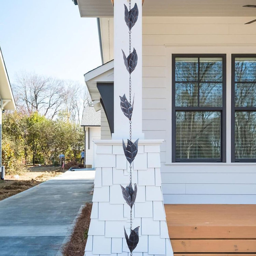 Rain Chain Decoration 8.5 FT., Rain Catcher Chain Gutter Downspout 102'' for House Eaves, Garden & Home, Leaf Shape Rain Chains