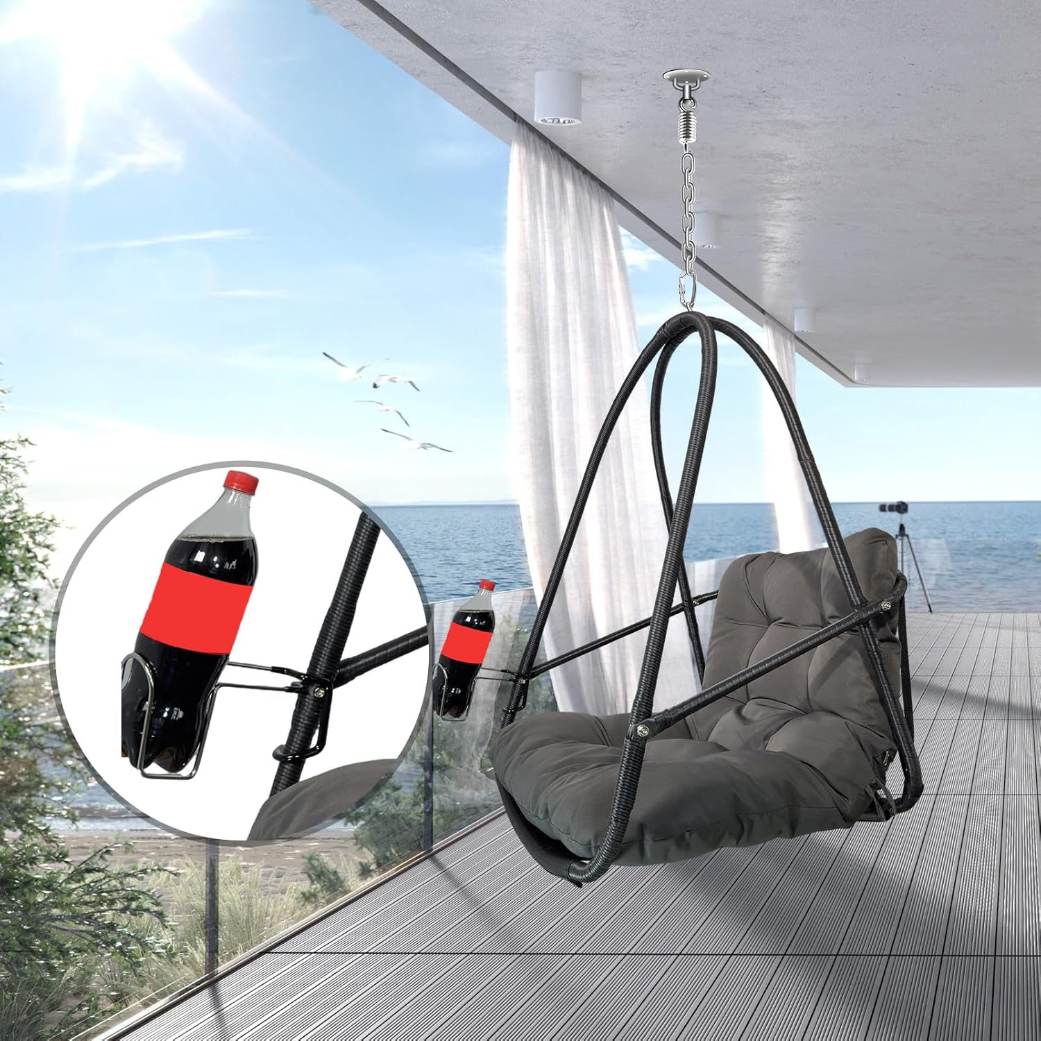 JESE Swing Egg Chair Without Stand Foldable Frame Hanging Chairs for Indoor Outside,with UV Resistant Waterproof Cushion&Cup Holder,Swing Hammock Chair for Patio,Bedroom,Balcony,Garden,Backyard,Black