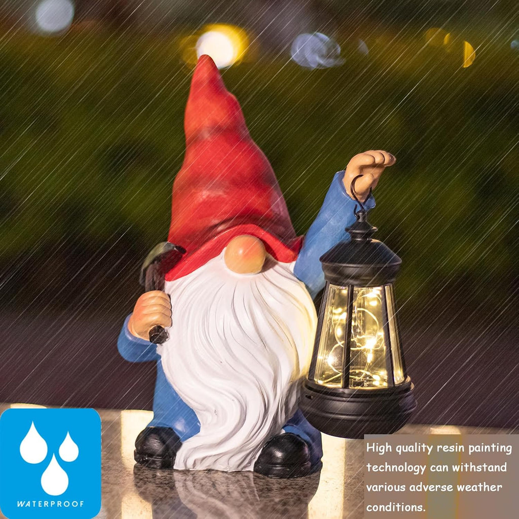 Garden Gnome Statue Solar Light Outdoor Decorations Figurine with Lantern Led Shovel Sculpture Lawn Patio Yard Porch Outside Christmas Housewarming Gifts for Women Mother's Day Grandma