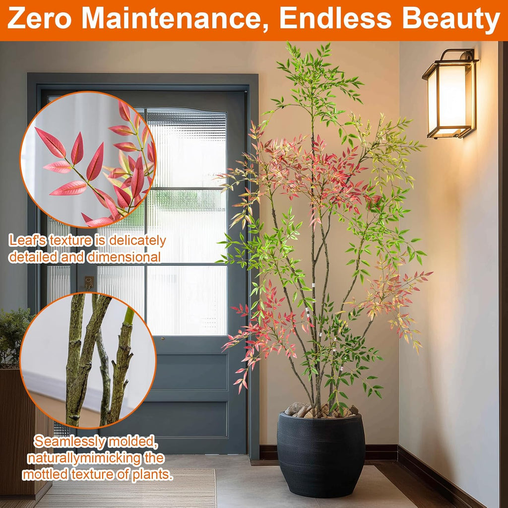 7.2ft Faux Bamboo Tree Artificial Nandina Tree Artificial Indoor Plants Realistic Fake Potted Tree with 800+ Leaves, Cement Planter - Home Office Decor Perfect for Housewarming Gift Non-Toxic