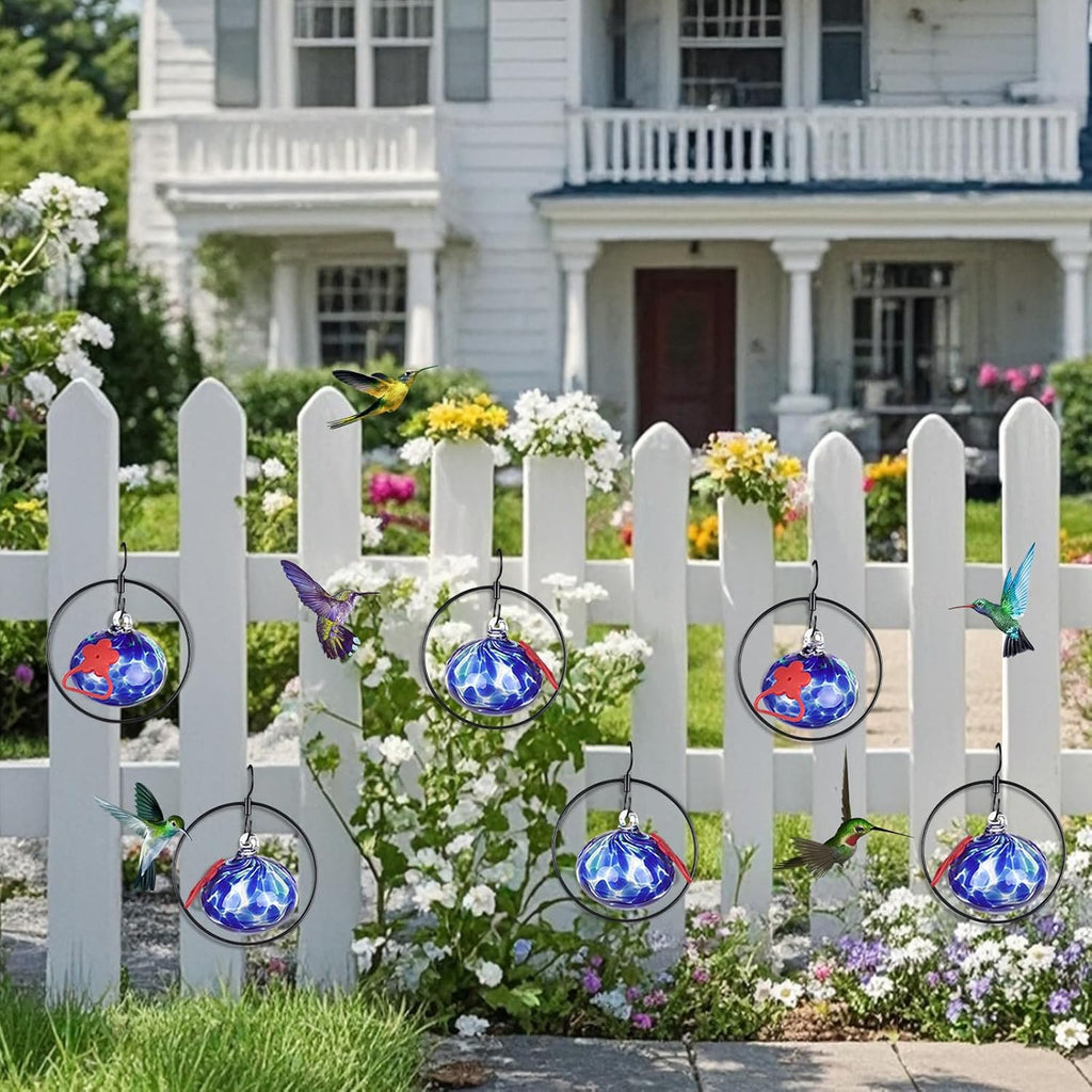 Flexible 6 Pack Hummingbird feeders for Outdoors Hanging Ant and Bee Proof,Detachable Hand Blown Glass Hummingbird Feeder with 6 Adjustable Silicone Perch(Dotted Blue)